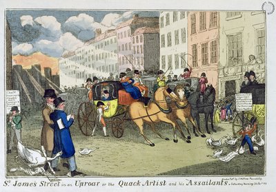 La calle St. James en un alboroto, o el artista charlatán y sus atacantes, pub. por S.W. Fores, 1819 de J.L. Marks